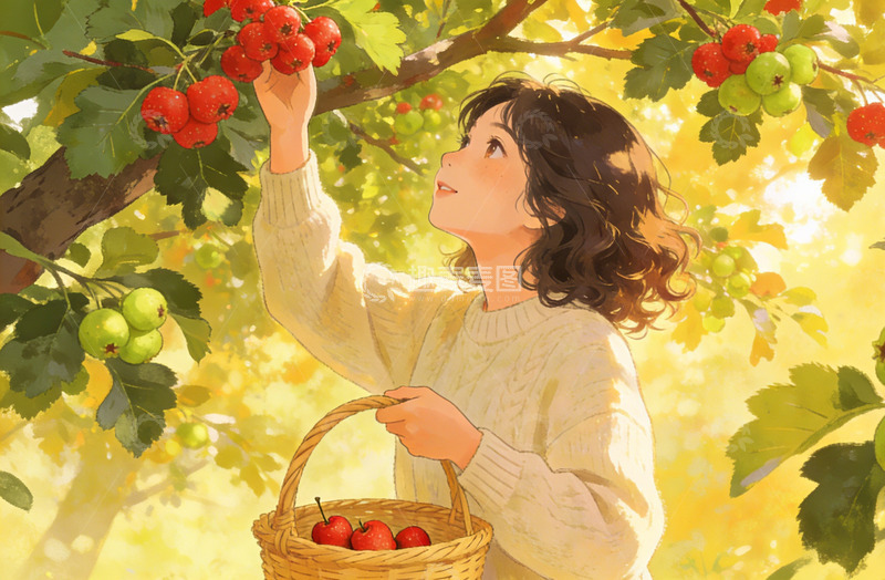 高清大图下载【趣麦麦图】田园风采摘山楂插画设计素材