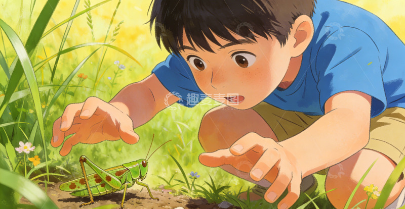 高清大图下载【趣麦麦图】卡通男孩草丛玩耍捉蝈蝈插画