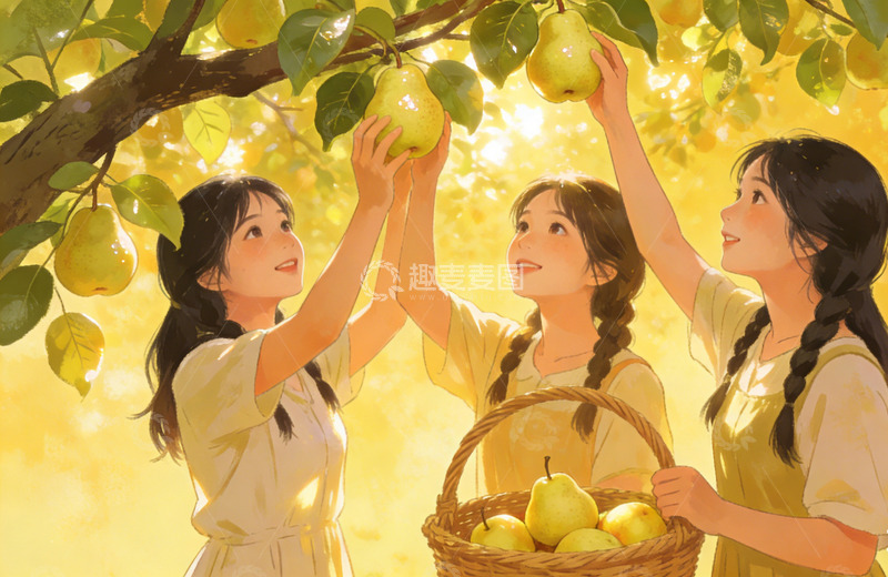 高清大图下载【趣麦麦图】田园风少女采摘梨子插画素材