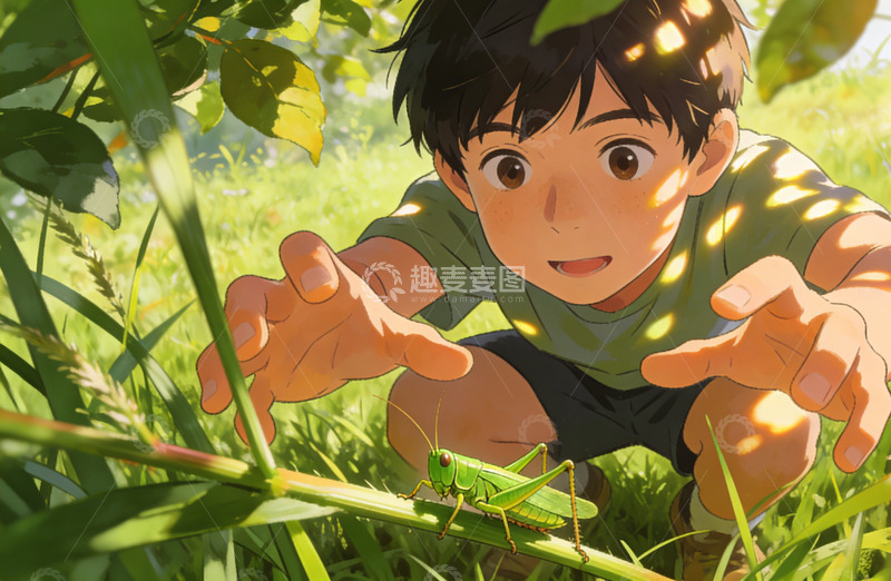 高清大图下载【趣麦麦图】卡通风格草地少年昆虫互动