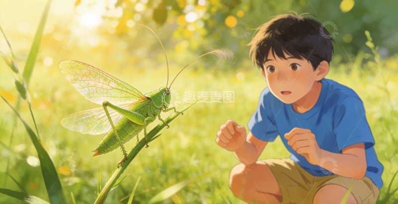 高清大图下载【趣麦麦图】阳光草地昆虫少年插画