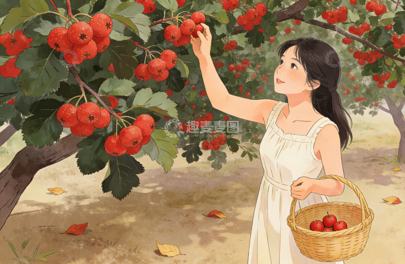 高清大图下载【趣麦麦图】少女采摘山楂插画设计素材