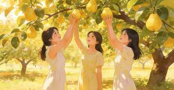 田园风母女采摘梨插画
