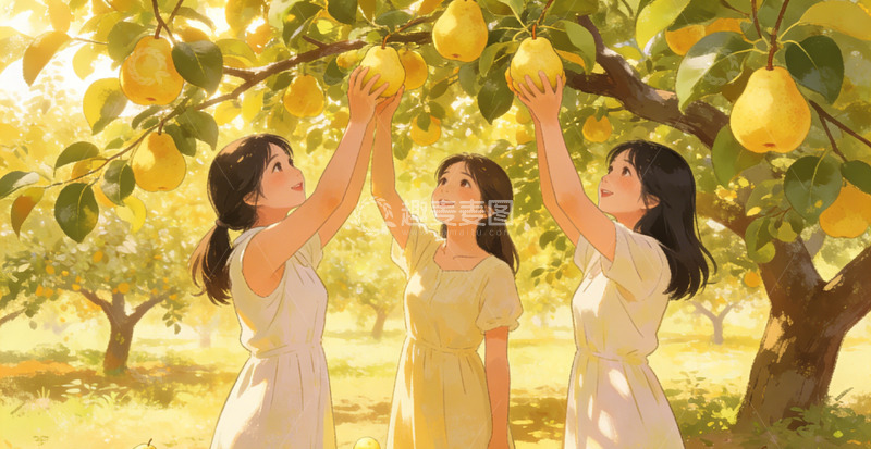 高清大图下载【趣麦麦图】田园风母女采摘梨插画