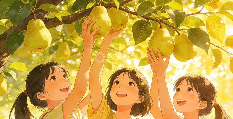 高清大图下载【趣麦麦图】田园风孩童采摘梨子插画素材