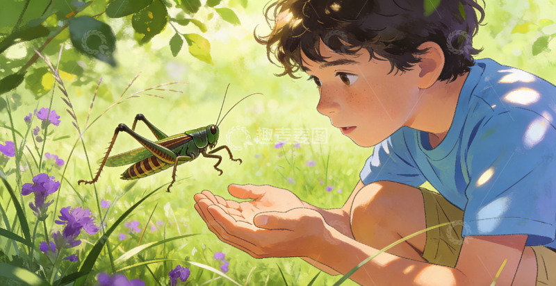 高清大图下载【趣麦麦图】卡通男孩与蚱蜢捉蝈蝈互动