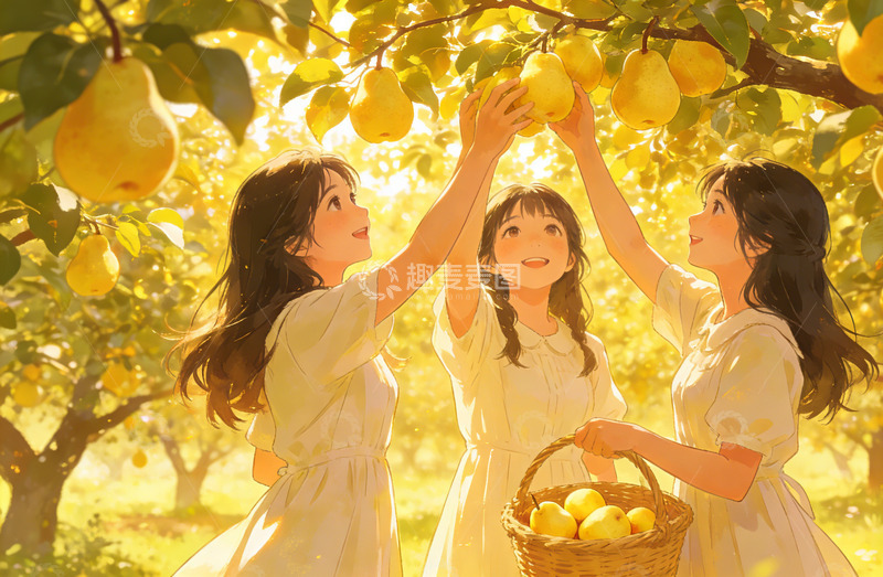 高清大图下载【趣麦麦图】田园风梨园采摘插画素材