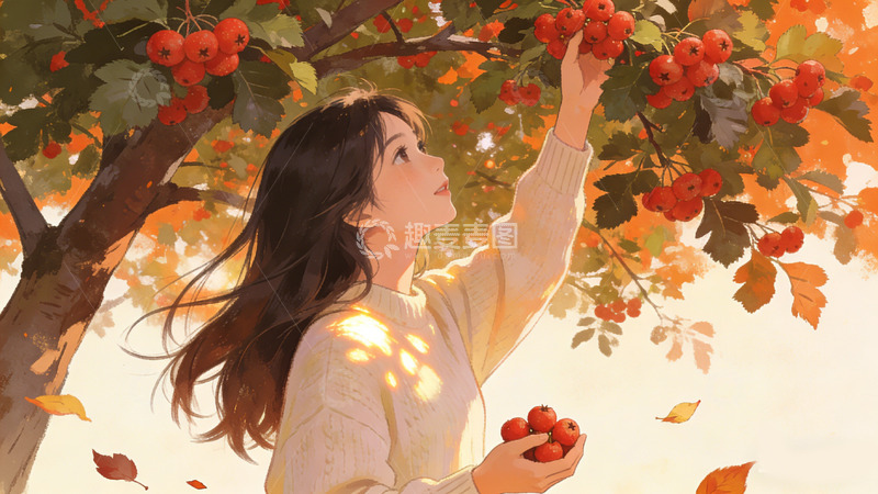高清大图下载【趣麦麦图】秋日采摘山楂插画