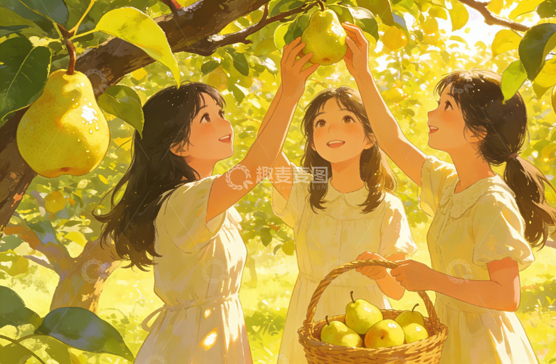 高清大图下载【趣麦麦图】田园风梨园采摘少女插画
