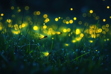 夜晚草地上闪烁的萤火虫
