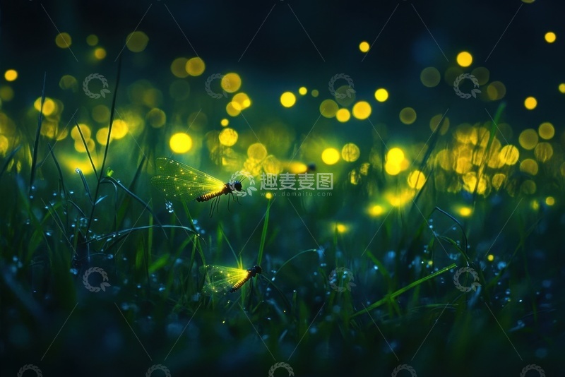 高清大图下载【趣麦麦图】-夜晚草地上闪烁的萤火虫