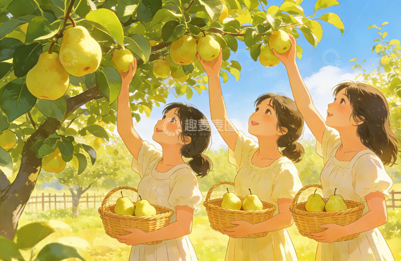 高清大图下载【趣麦麦图】田园风女孩采摘梨子插画