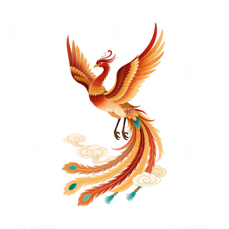 高清大图下载【趣麦麦图】国潮风凤凰展翅插画设计元素