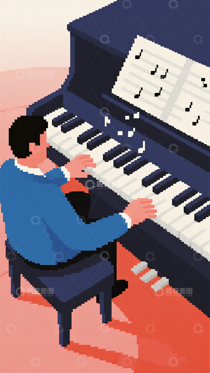 高清大图下载【趣麦麦图】像素钢琴演奏艺术插画