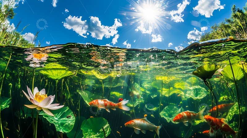 高清大图下载【趣麦麦图】自然风光水底锦鲤荷花图