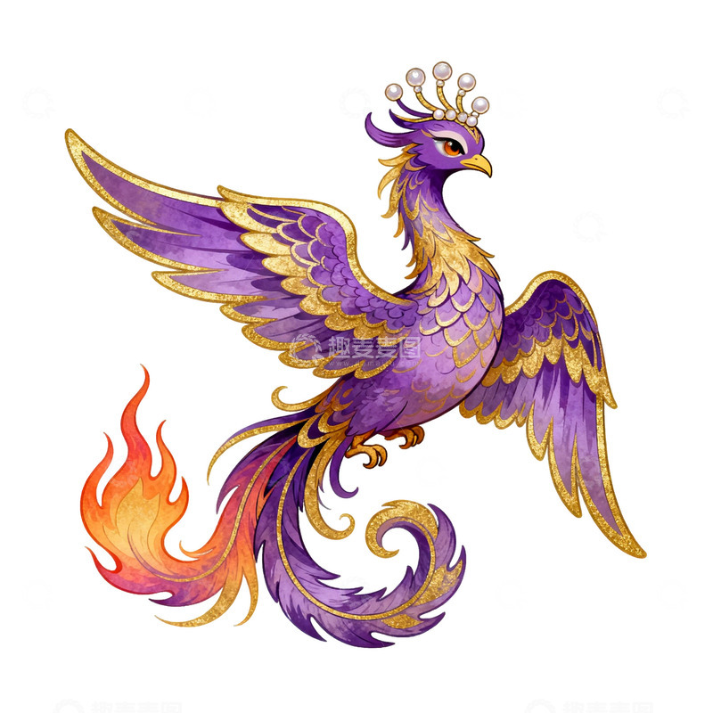 高清大图下载【趣麦麦图】华丽凤凰水彩插画
