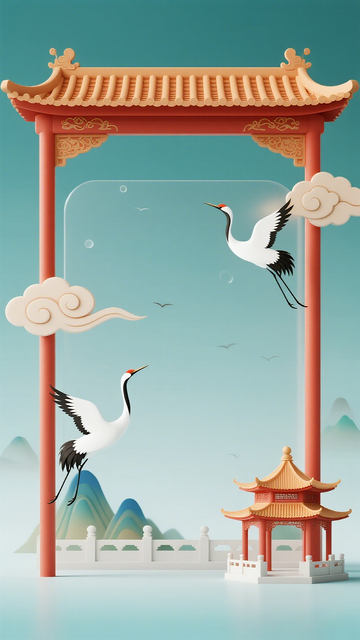 东方古风仙鹤亭台插画