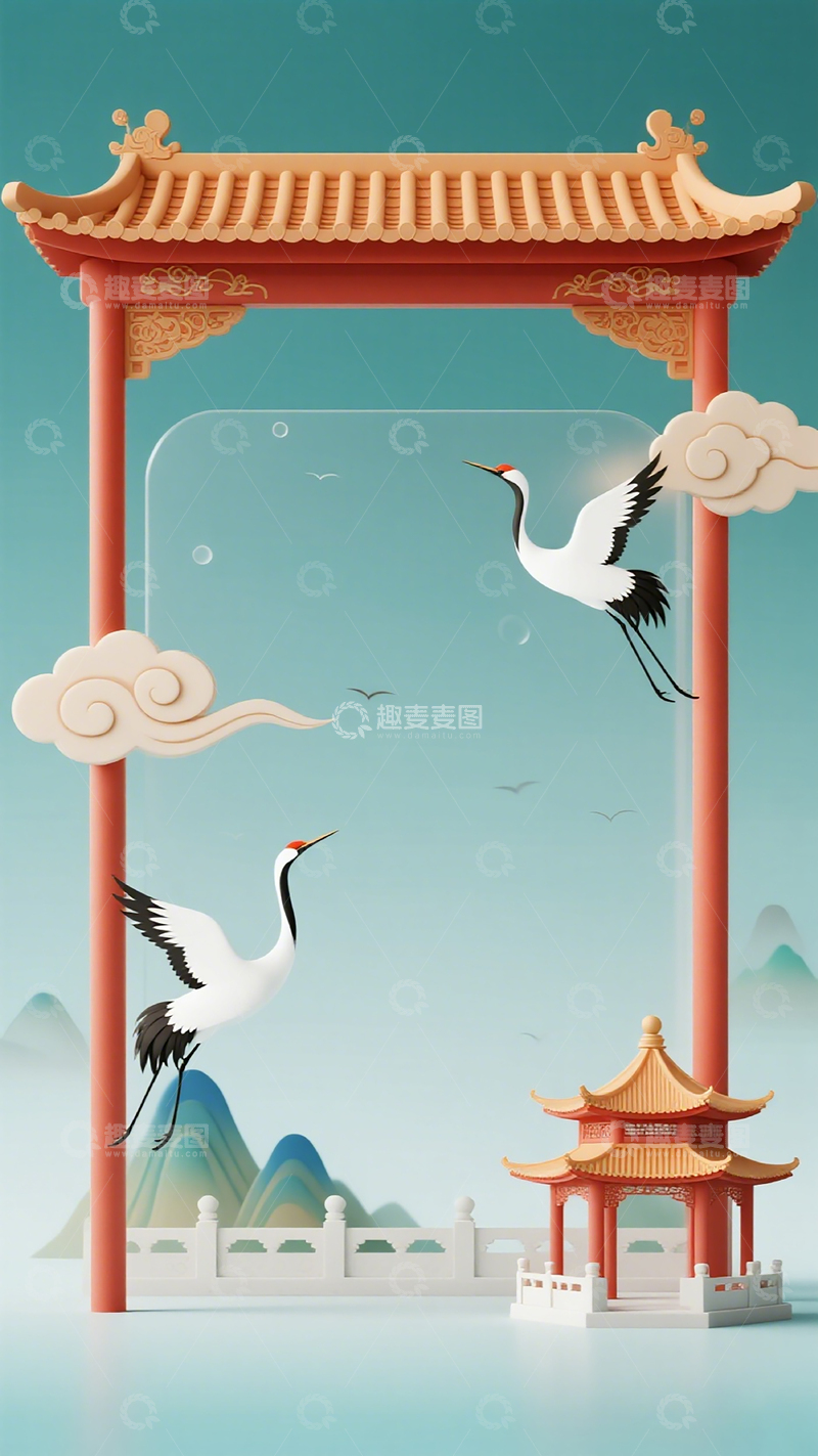 高清大图下载【趣麦麦图】东方古风仙鹤亭台插画