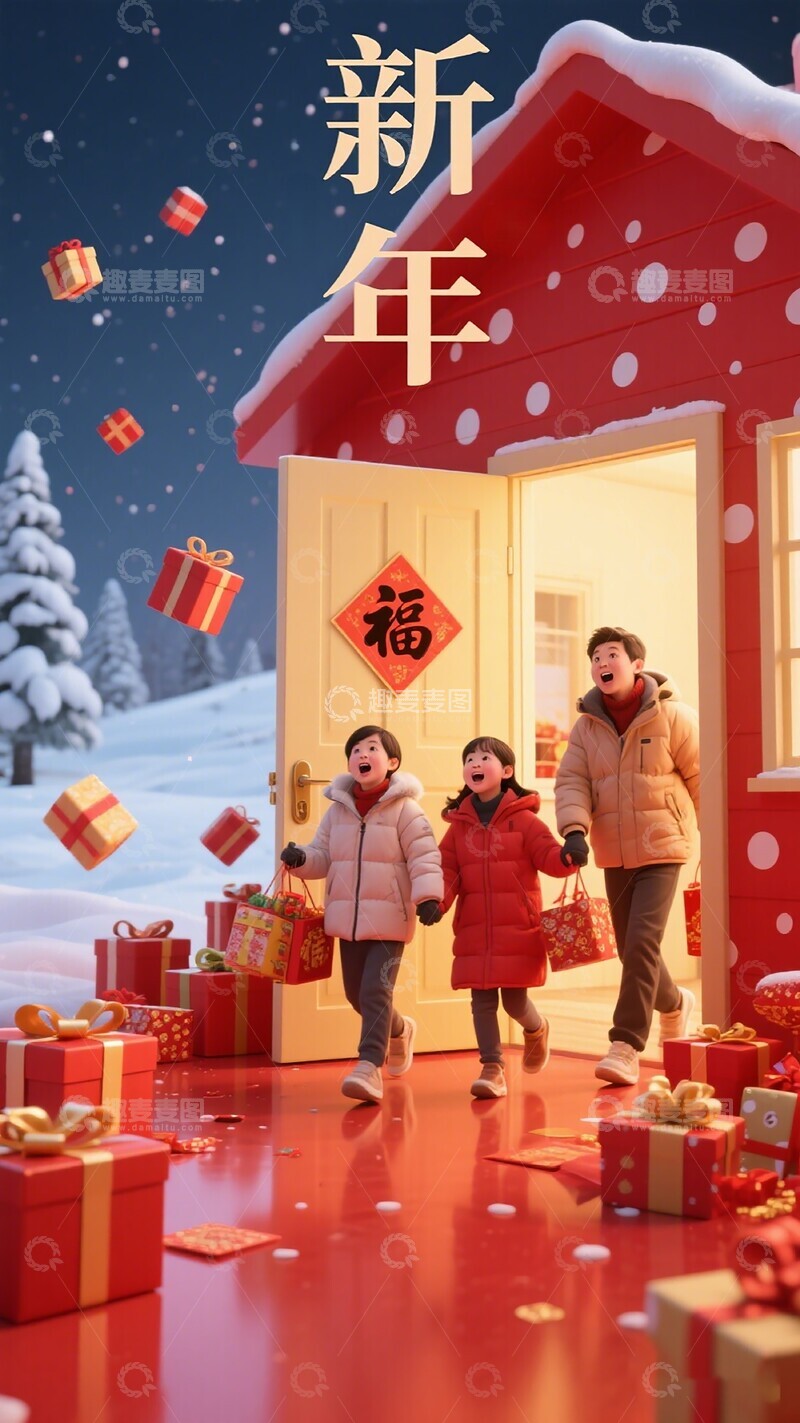 高清大图下载【趣麦麦图】新年欢乐送礼盒场景插画