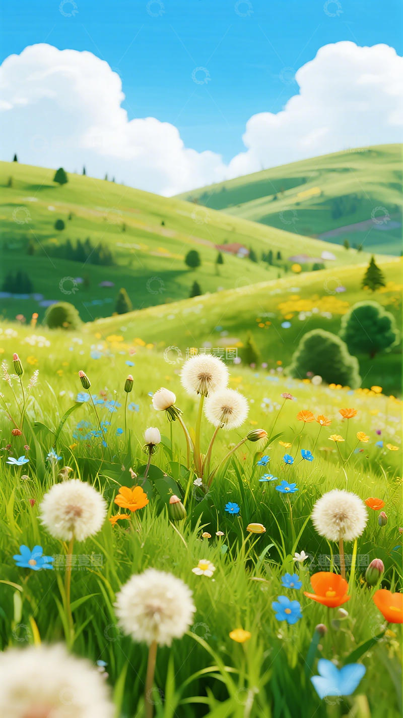 高清大图下载【趣麦麦图】田园风光清新插画草地花卉