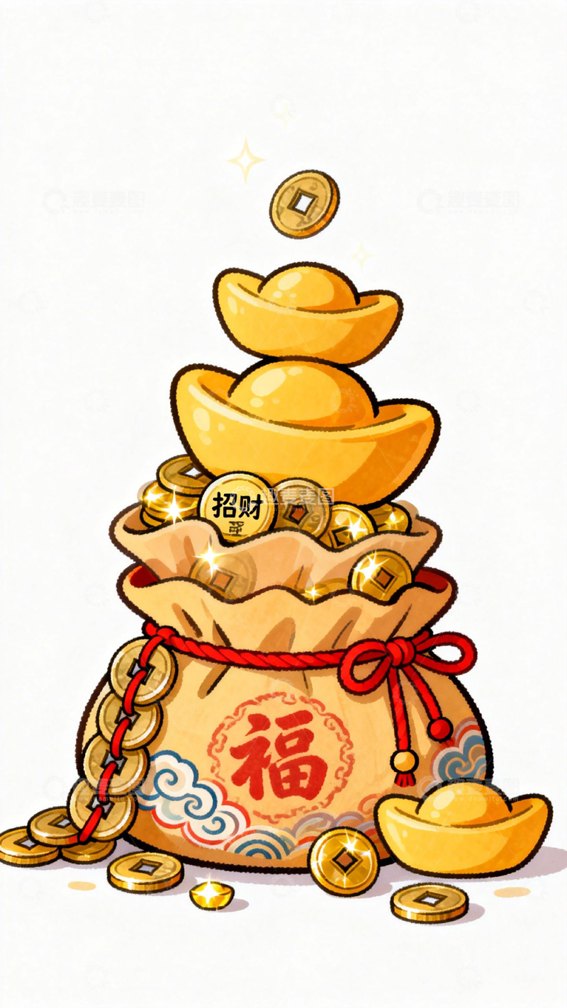 高清大图下载【趣麦麦图】卡通风财富象征金元宝福袋插画