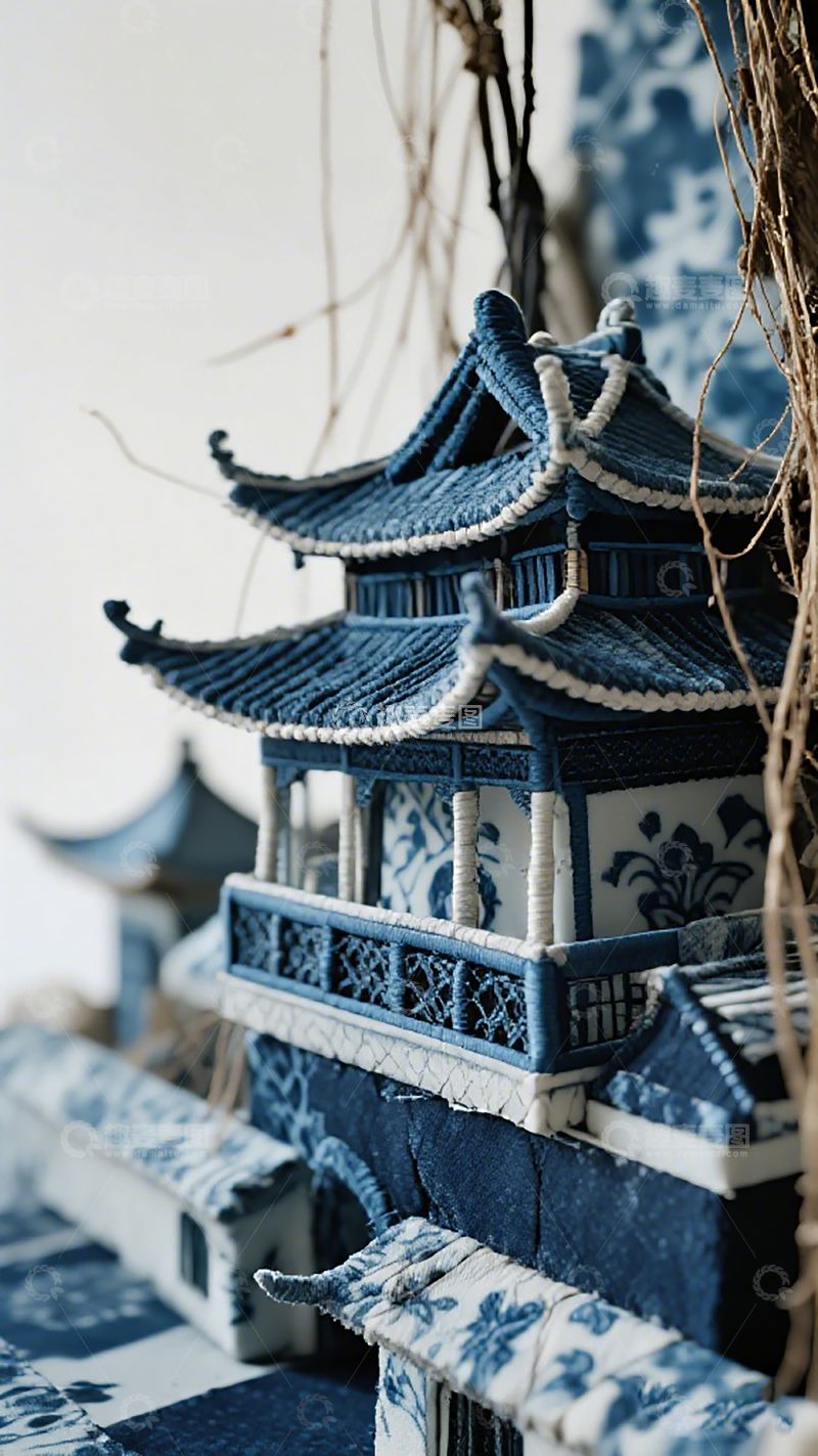 高清大图下载【趣麦麦图】青花瓷风格古建筑模型