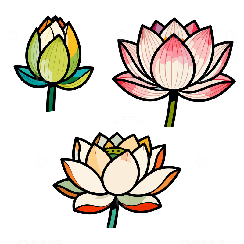 源文件下载【趣麦麦图】彩绘荷花图案设计元素