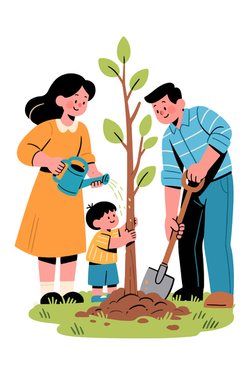 卡通植树家庭插画