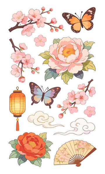 东方元素花卉蝴蝶灯笼扇组合插画