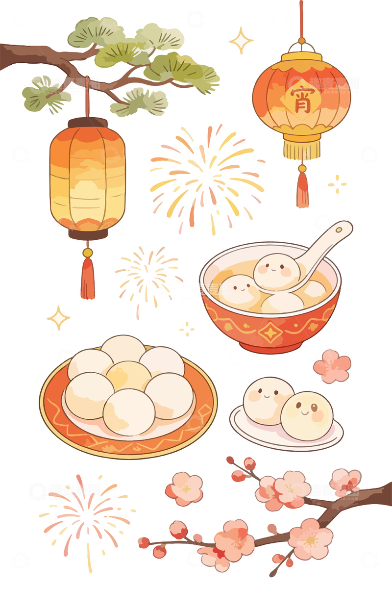 源文件下载【趣麦麦图】元宵节喜庆元素插画设计