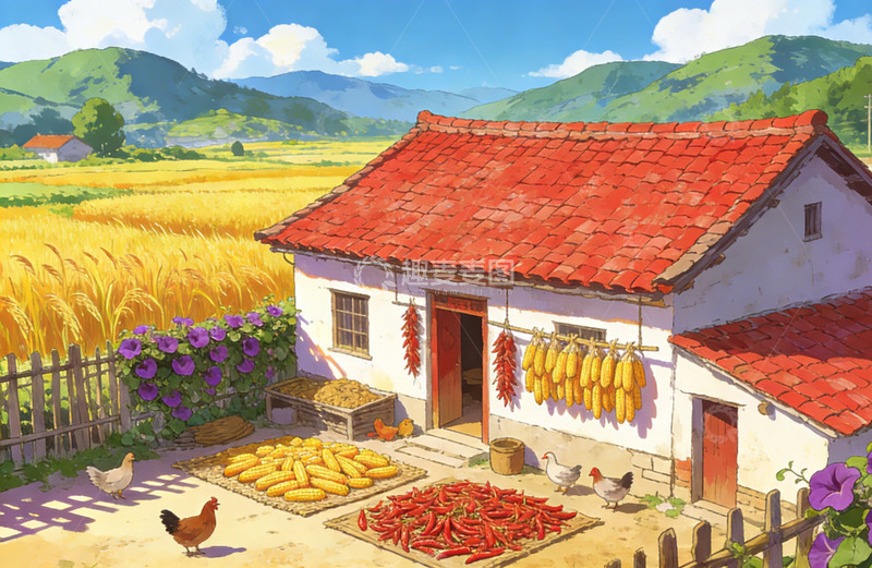 高清大图下载【趣麦麦图】田园风光农家小院插画