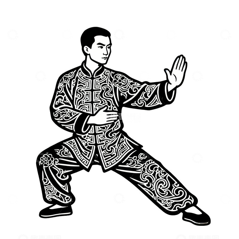 高清大图下载【趣麦麦图】太极服装武术动作黑白插画