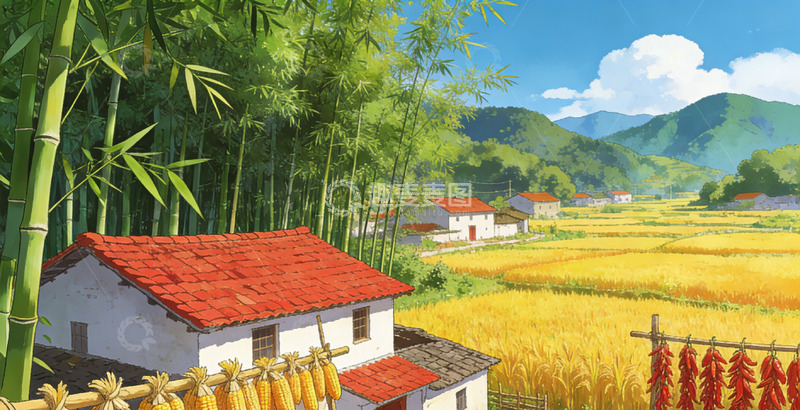 高清大图下载【趣麦麦图】田园风光竹屋稻田风景画