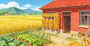 田园风光红砖房玉米挂