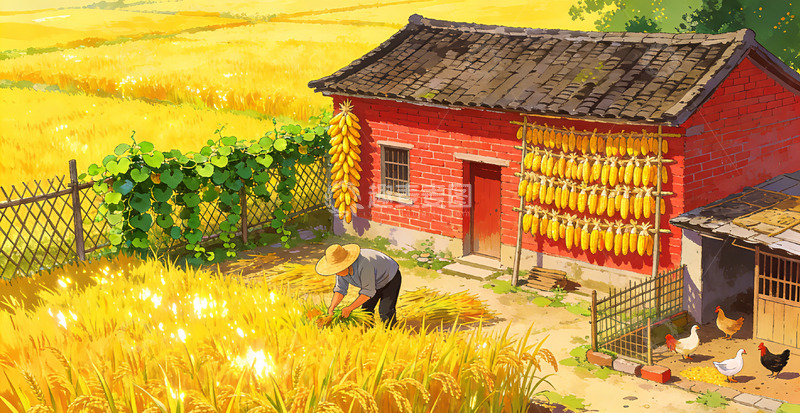 高清大图下载【趣麦麦图】田园风光秋收场景插画
