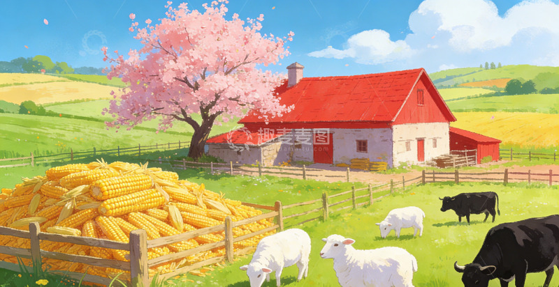高清大图下载【趣麦麦图】田园风光农舍插画