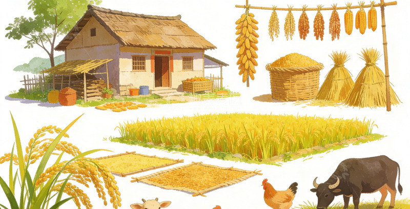 高清大图下载【趣麦麦图】田园风光农耕插画素材