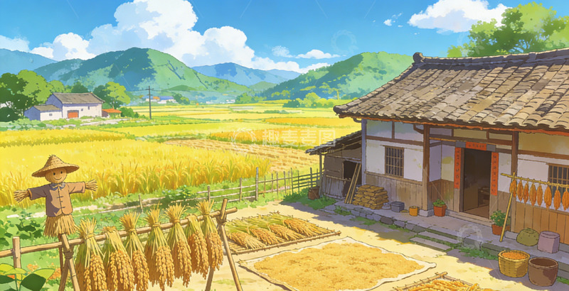 高清大图下载【趣麦麦图】田园风光乡村稻田稻草人