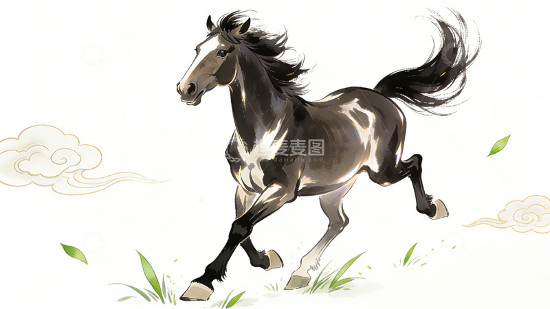 高清大图下载【趣麦麦图】水墨骏马奔腾中国画风插画