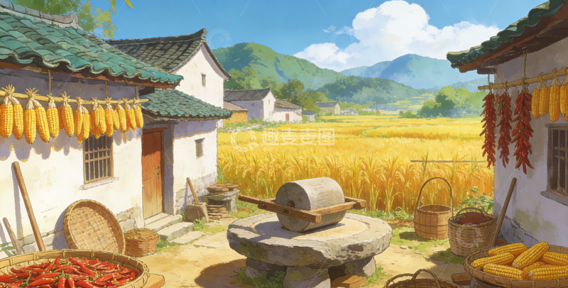 高清大图下载【趣麦麦图】田园风光农舍风景插画素材