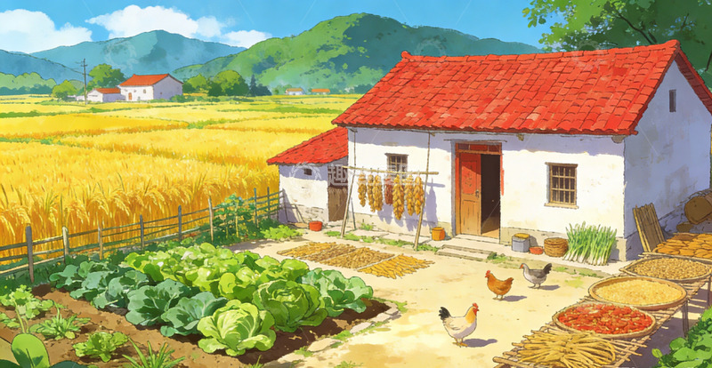 高清大图下载【趣麦麦图】乡村田园风光农家小院插画