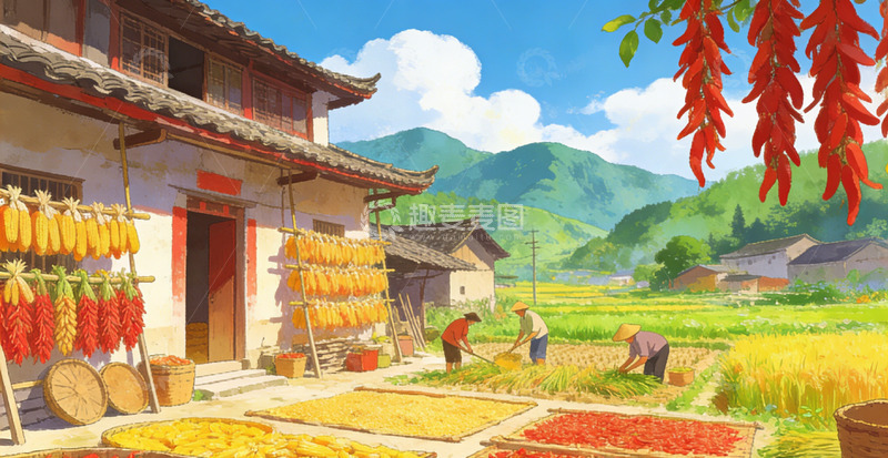 高清大图下载【趣麦麦图】-田园风光农耕插画