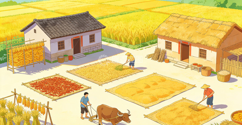 高清大图下载【趣麦麦图】乡村秋收农忙插画