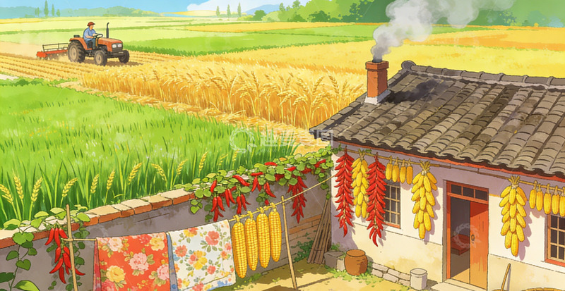 高清大图下载【趣麦麦图】田园风光插画稻田农舍辣椒玉米