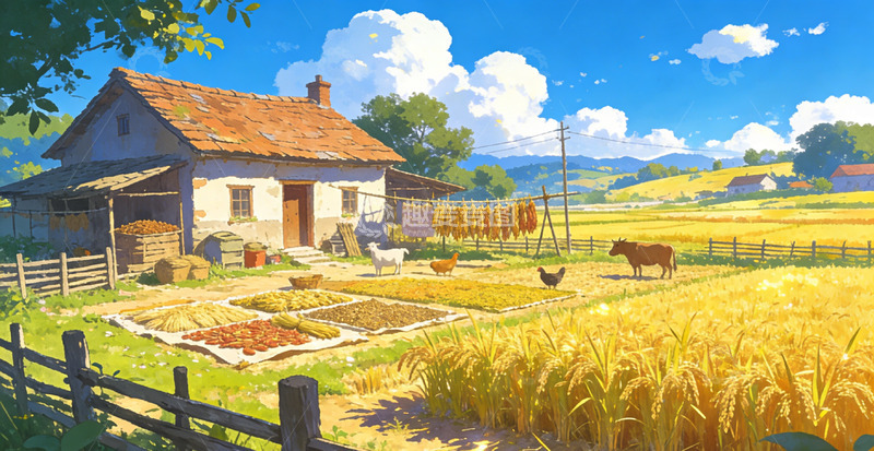 高清大图下载【趣麦麦图】田园风光手绘农舍风景插画