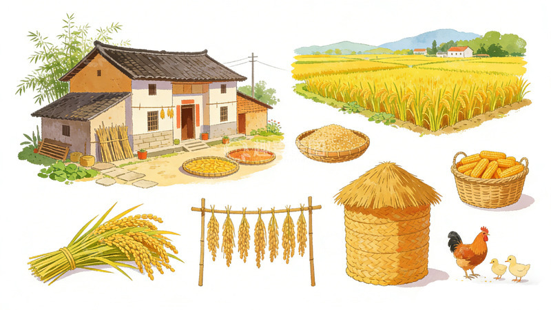 高清大图下载【趣麦麦图】田园风光稻田农舍插画素材