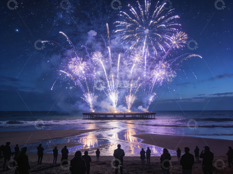 高清大图下载【趣麦麦图】海滩烟花秀夜晚风光摄影