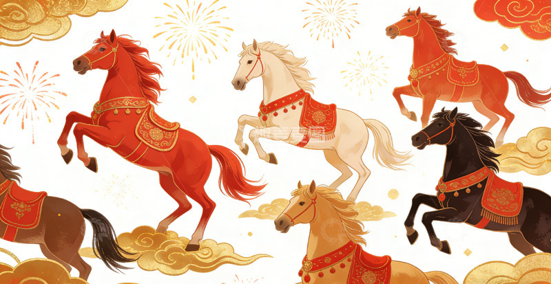 高清大图下载【趣麦麦图】喜庆骏马插画设计素材