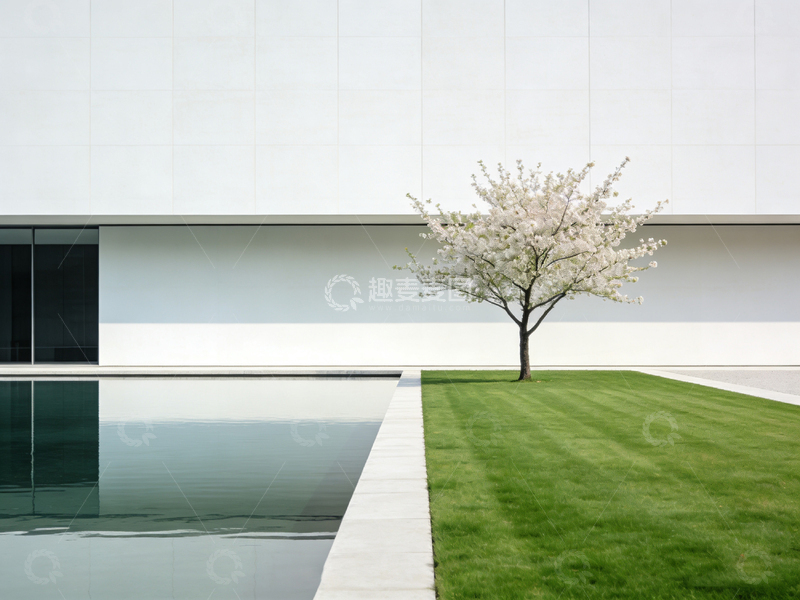 高清大图下载【趣麦麦图】极简风格开花树水景设计