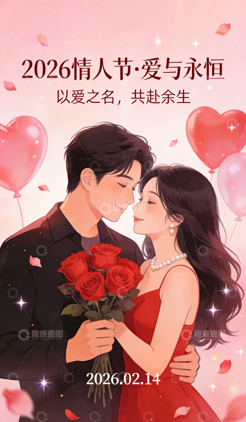 高清大图下载【趣麦麦图】浪漫情人节情侣插画海报设计素材